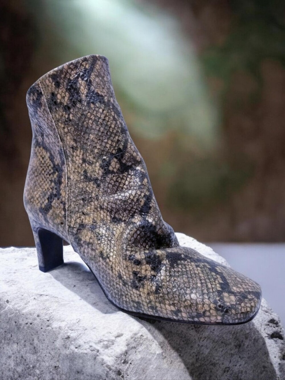 Free People Ankle Boots 37/7 Cybill Slouch Snake Print Leather Square Toe Brown